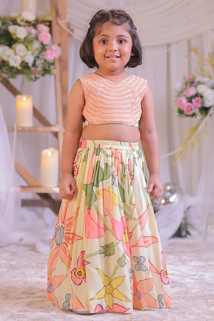 Peach Silk Floral Printed Lehenga Set For Girls by Li'l Angels at Pernia's Pop Up Shop