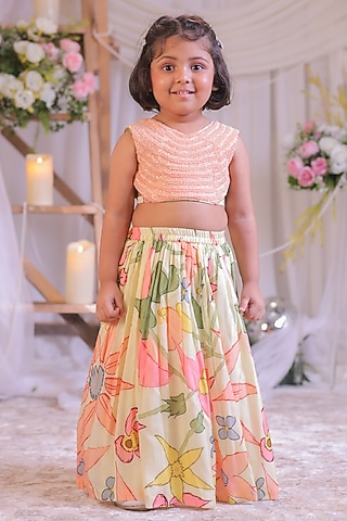 Peach Silk Floral Printed Lehenga Set For Girls by Li'l Angels