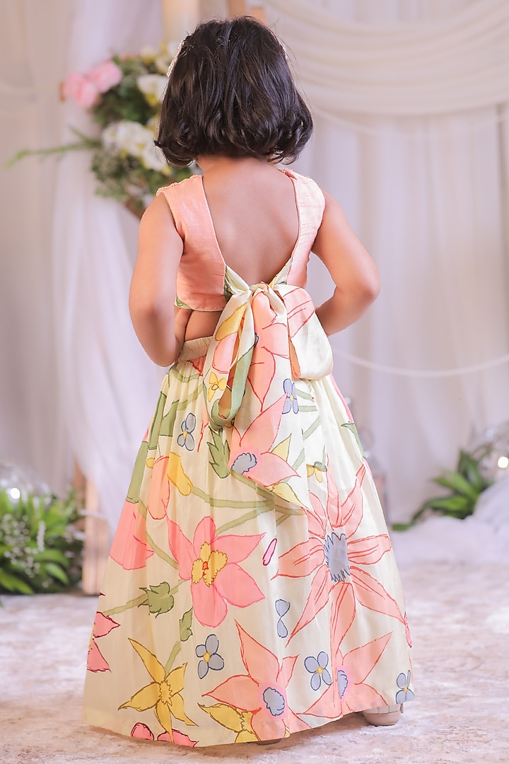 Peach Silk Floral Printed Lehenga Set For Girls by Li'l Angels at Pernia's Pop Up Shop