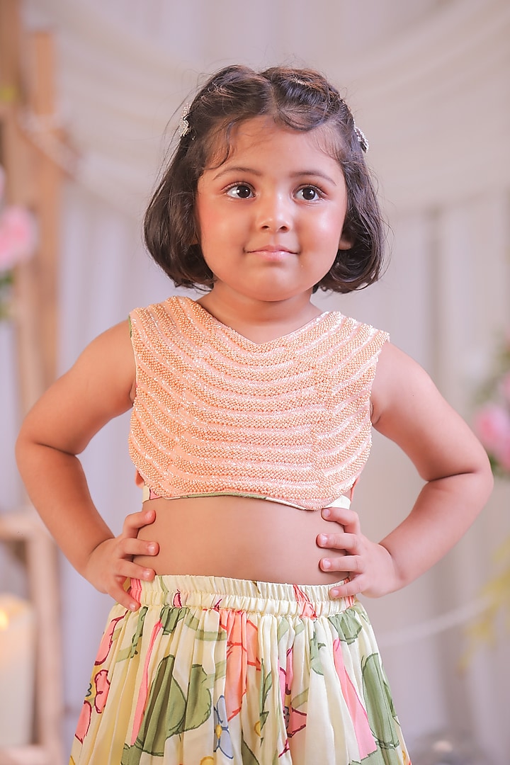 Peach Silk Floral Printed Lehenga Set For Girls by Li'l Angels at Pernia's Pop Up Shop