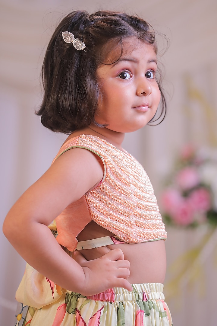 Peach Silk Floral Printed Lehenga Set For Girls by Li'l Angels at Pernia's Pop Up Shop