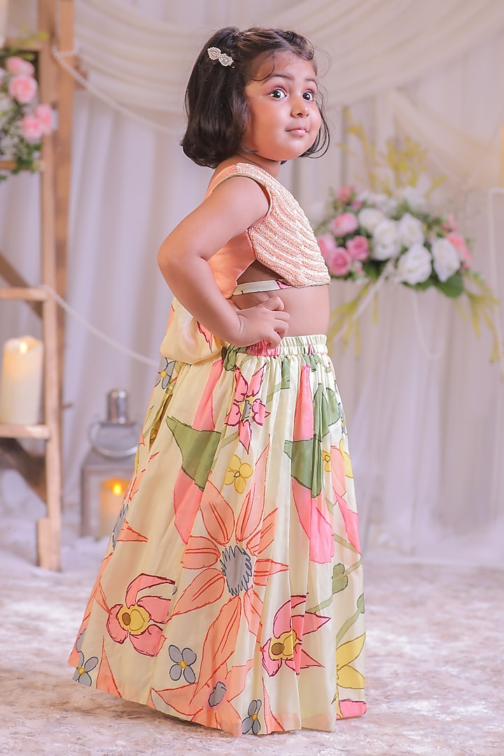 Peach Silk Floral Printed Lehenga Set For Girls by Li'l Angels at Pernia's Pop Up Shop