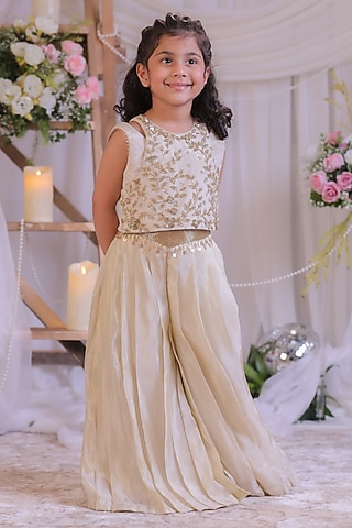 Off-White Shimmer Silk Palazzo Set For Girls by Li'l Angels