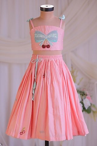 Peach Silk Embroidered Lehenga Set For Girls by Li'l Angels