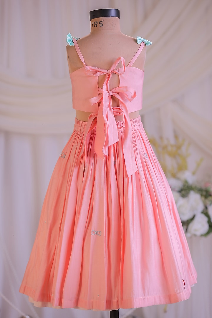 Peach Silk Embroidered Lehenga Set For Girls by Li'l Angels at Pernia's Pop Up Shop