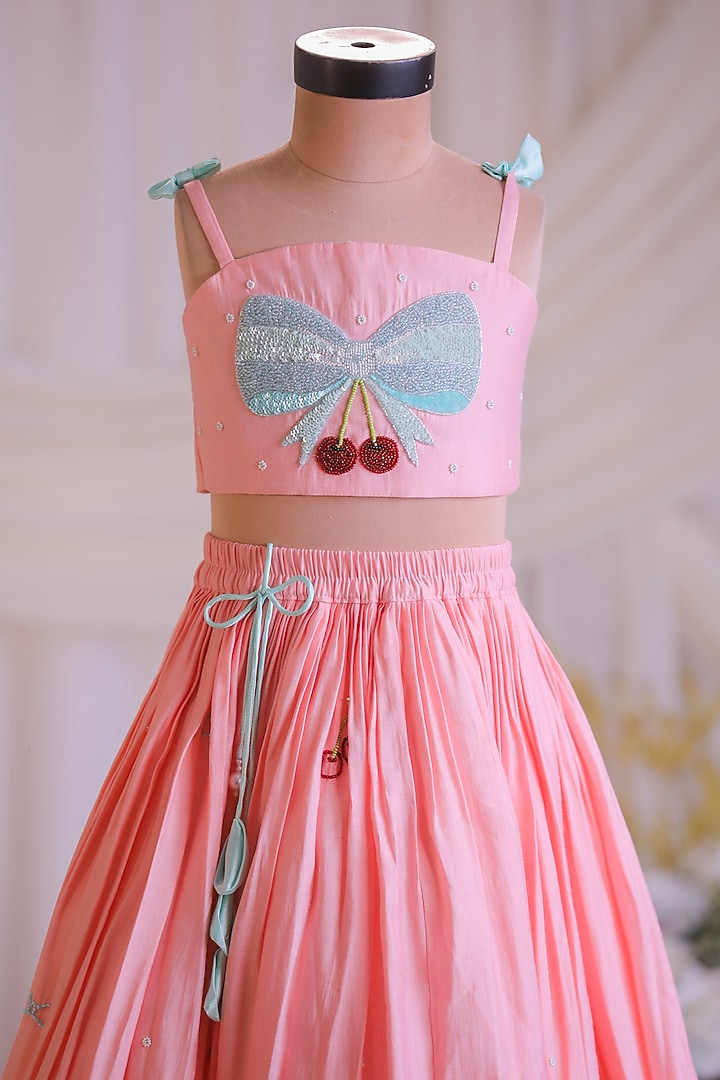 Peach Silk Embroidered Lehenga Set For Girls by Li'l Angels at Pernia's Pop Up Shop