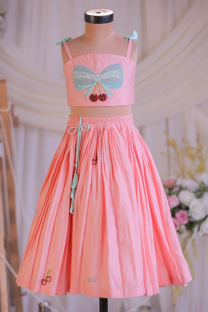 Peach Silk Embroidered Lehenga Set For Girls by Li'l Angels at Pernia's Pop Up Shop