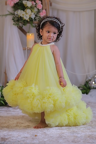 Yellow Net High-Low Gown For Girls by Li'l Angels