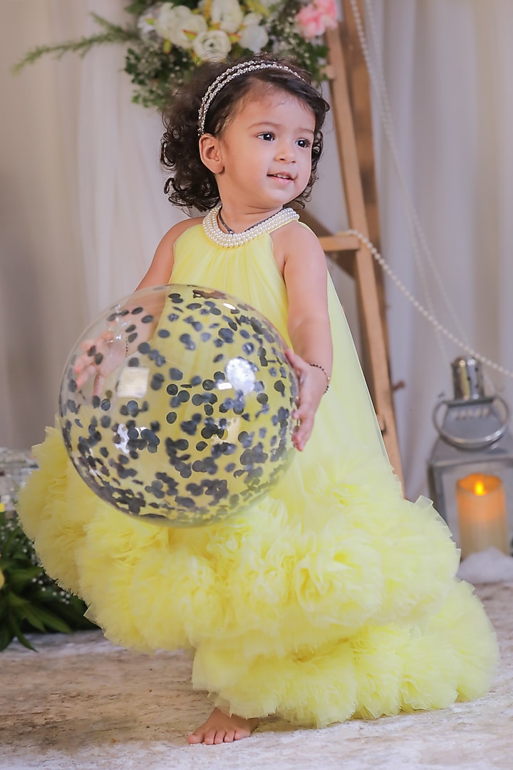 Yellow Net High-Low Gown For Girls by Li'l Angels at Pernia's Pop Up Shop