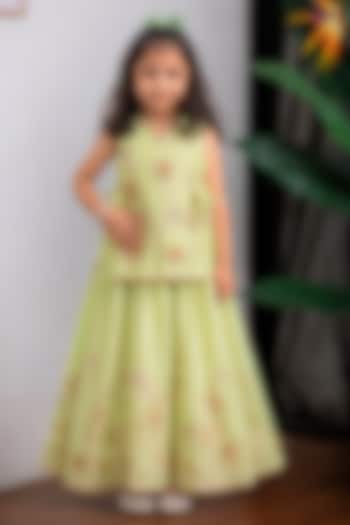 Green Muslin Cotton Lehenga Set For Girls by Li'l Angels at Pernia's Pop Up Shop