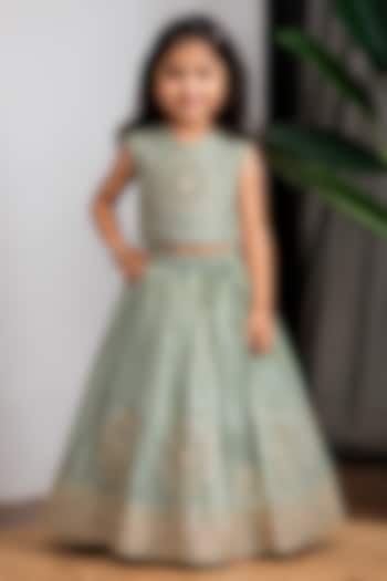 Green Cosmic Silk Mirror Work Lehenga Set For Girls by Li'l Angels at Pernia's Pop Up Shop