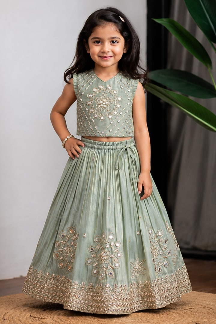 Green Cosmic Silk Mirror Work Lehenga Set For Girls by Li'l Angels at Pernia's Pop Up Shop
