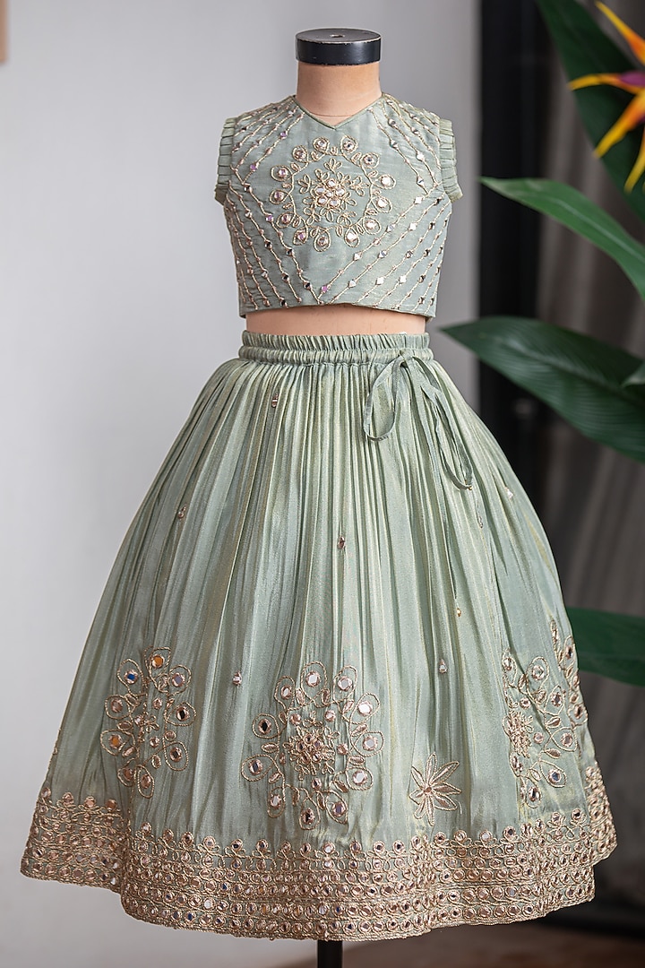 Green Cosmic Silk Mirror Work Lehenga Set For Girls by Li'l Angels at Pernia's Pop Up Shop