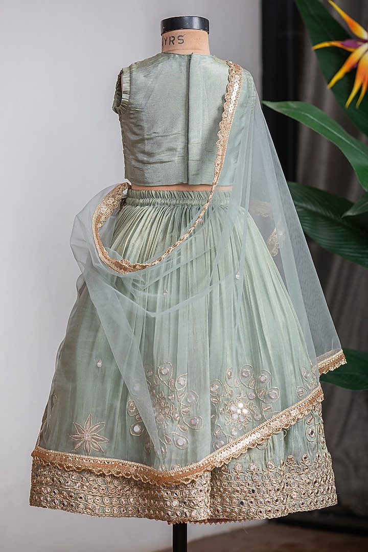 Green Cosmic Silk Mirror Work Lehenga Set For Girls by Li'l Angels at Pernia's Pop Up Shop