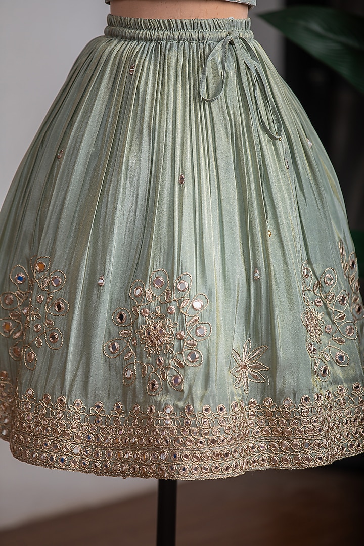 Green Cosmic Silk Mirror Work Lehenga Set For Girls by Li'l Angels at Pernia's Pop Up Shop
