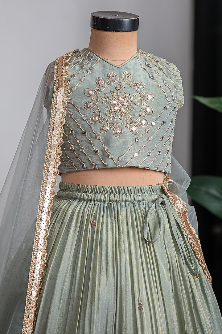 Green Cosmic Silk Mirror Work Lehenga Set For Girls by Li'l Angels at Pernia's Pop Up Shop