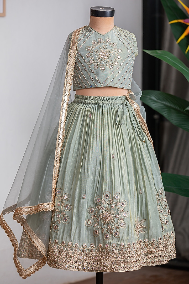 Green Cosmic Silk Mirror Work Lehenga Set For Girls by Li'l Angels at Pernia's Pop Up Shop