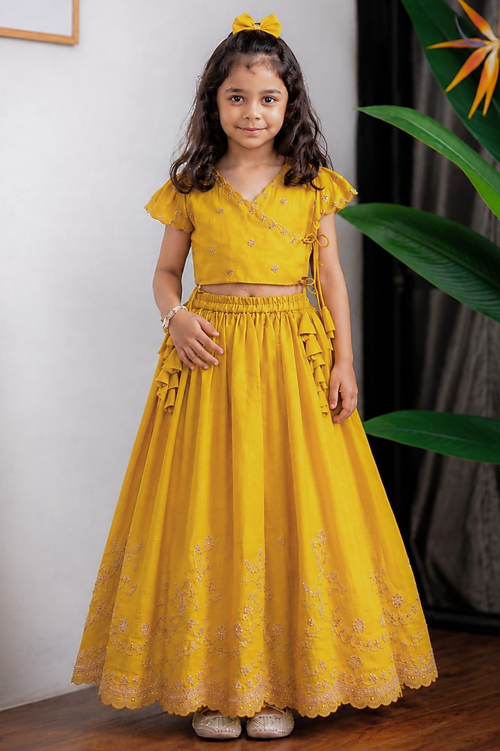 Mustard Muslin Silk Lehenga Set For Girls by Li'l Angels at Pernia's Pop Up Shop