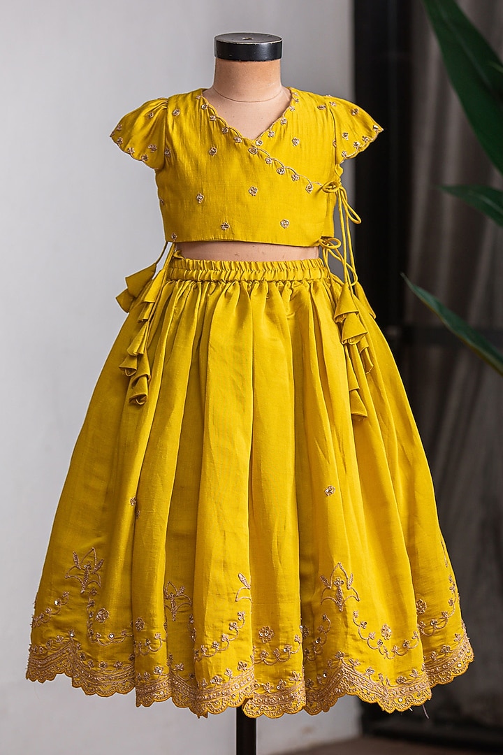 Mustard Muslin Silk Lehenga Set For Girls by Li'l Angels at Pernia's Pop Up Shop