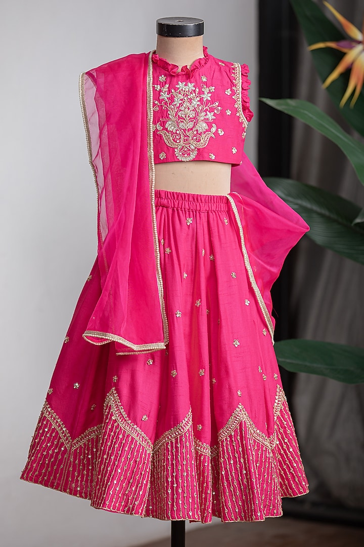 Rani Pink Dola Silk Embroidered Lehenga Set For Girls by Li'l Angels at Pernia's Pop Up Shop