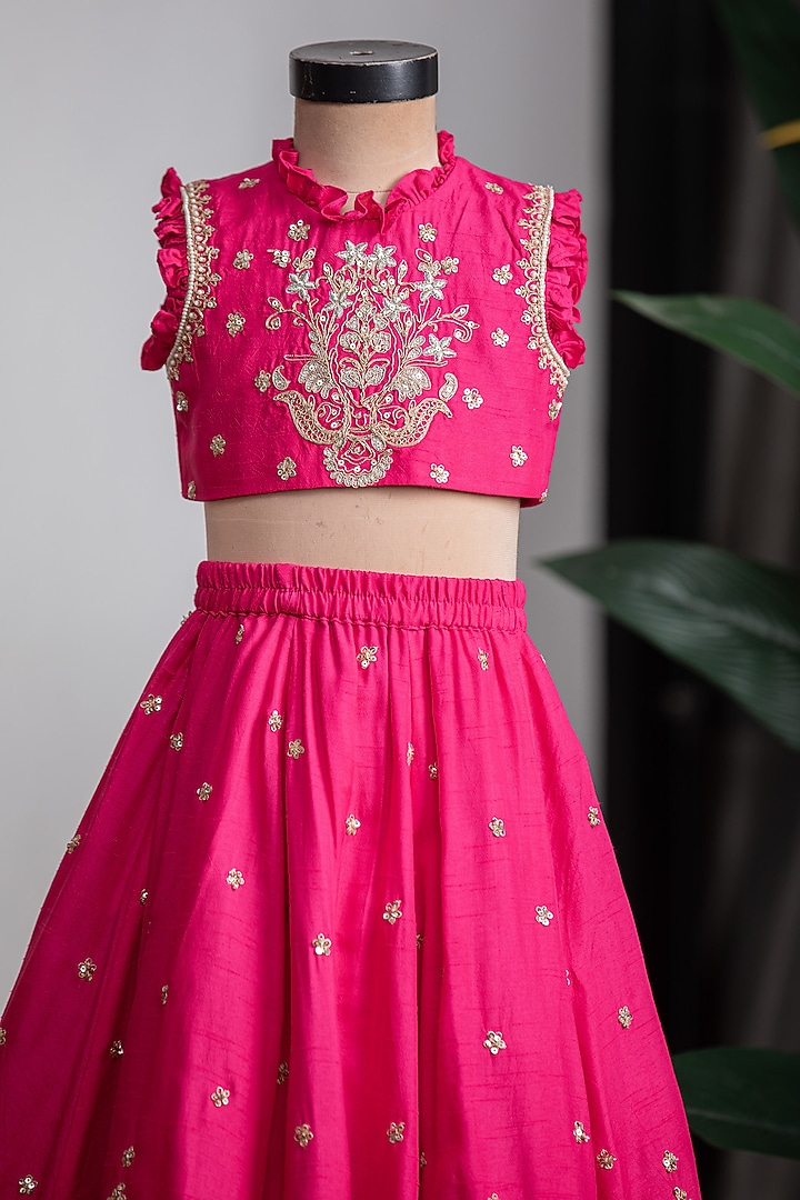 Rani Pink Dola Silk Embroidered Lehenga Set For Girls by Li'l Angels at Pernia's Pop Up Shop