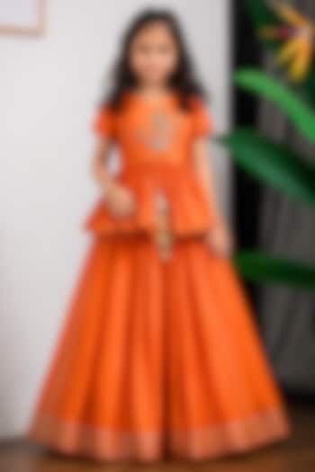 Orange Dola Silk Embroidered Lehenga Set For Girls by Li'l Angels at Pernia's Pop Up Shop