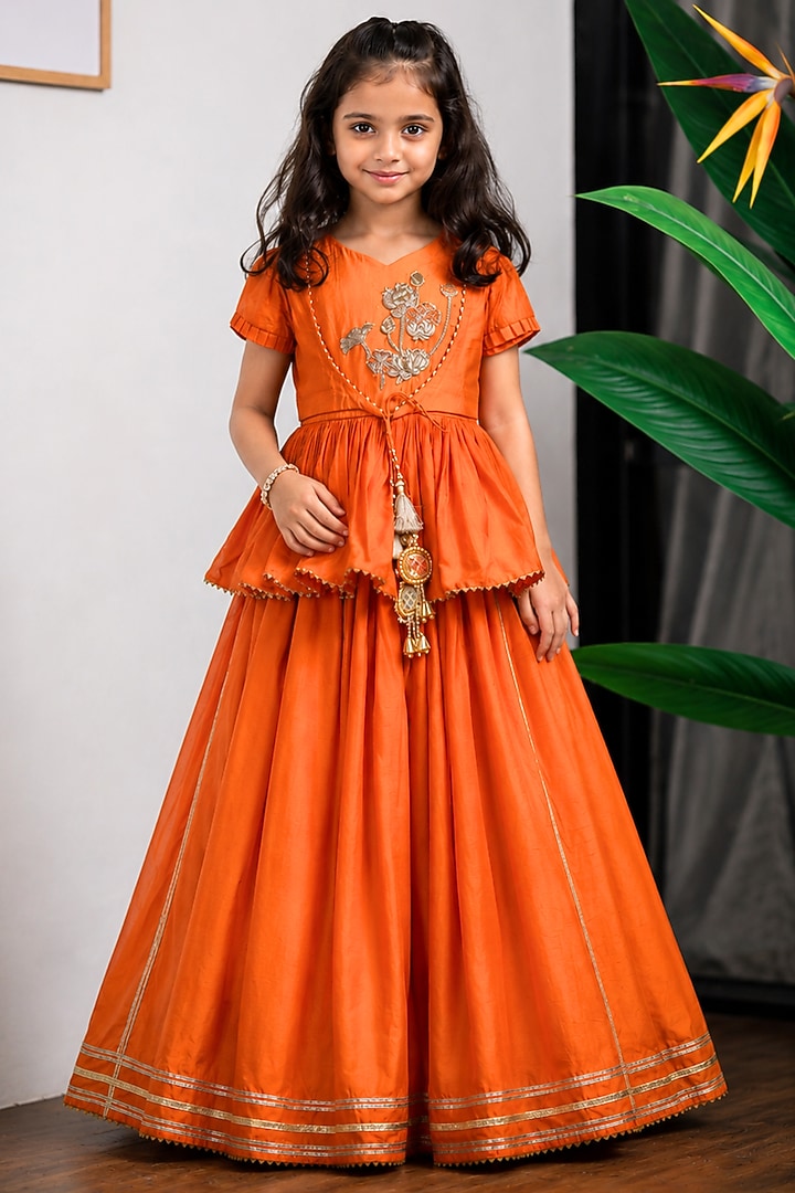 Orange Dola Silk Embroidered Lehenga Set For Girls by Li'l Angels at Pernia's Pop Up Shop