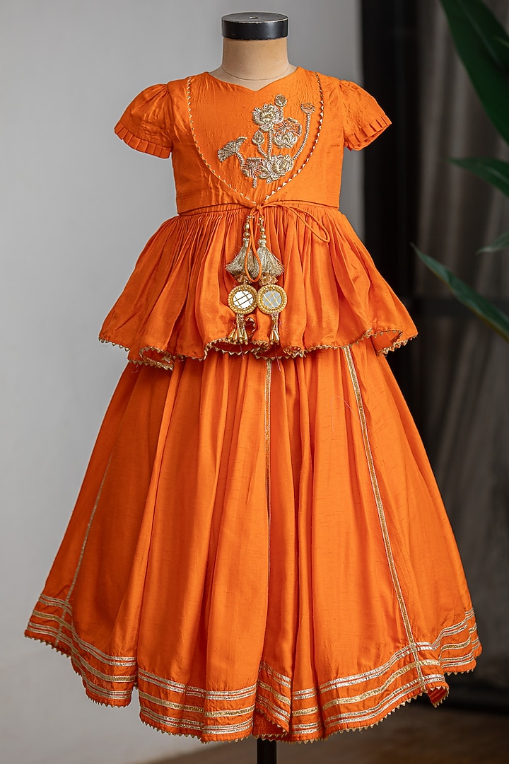 Orange Dola Silk Embroidered Lehenga Set For Girls by Li'l Angels at Pernia's Pop Up Shop