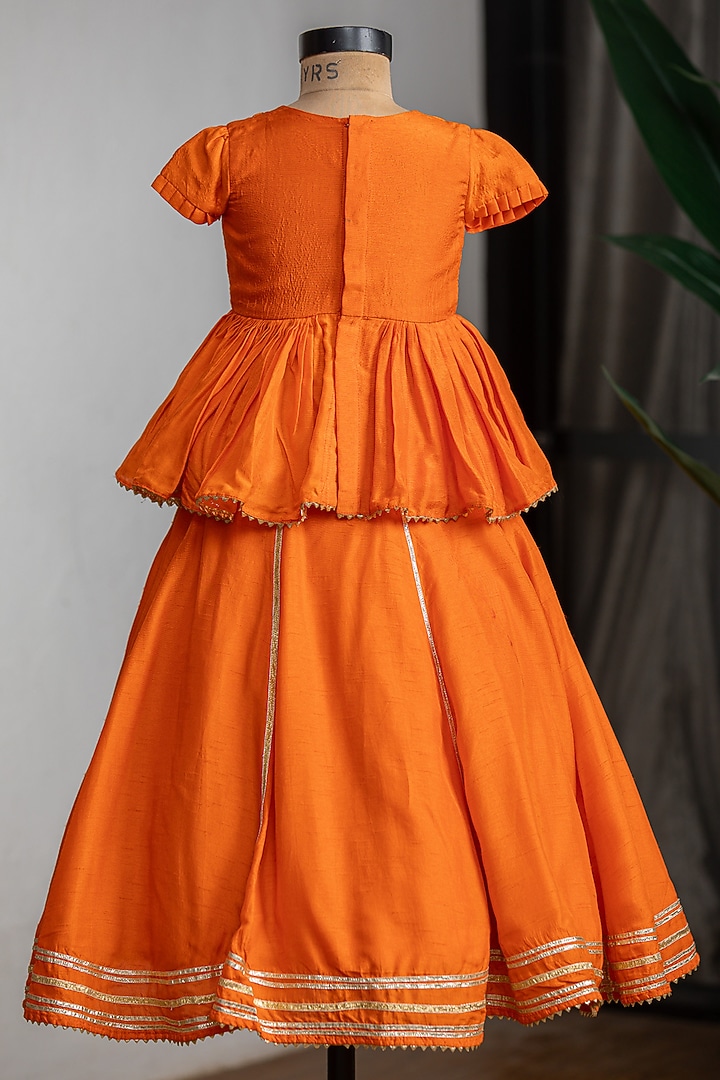 Orange Dola Silk Embroidered Lehenga Set For Girls by Li'l Angels at Pernia's Pop Up Shop