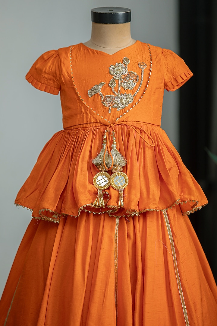 Orange Dola Silk Embroidered Lehenga Set For Girls by Li'l Angels at Pernia's Pop Up Shop