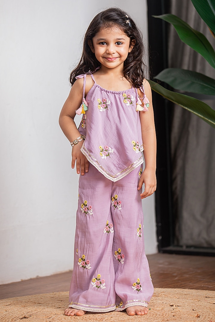 Purple Pure Chanderi Pant Set For Girls by Li'l Angels at Pernia's Pop Up Shop
