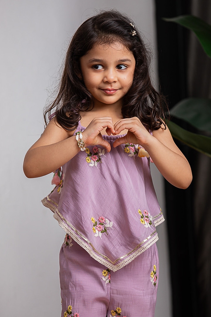Purple Pure Chanderi Pant Set For Girls by Li'l Angels at Pernia's Pop Up Shop