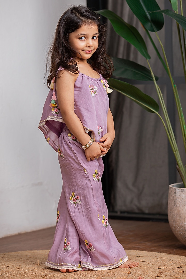 Purple Pure Chanderi Pant Set For Girls by Li'l Angels at Pernia's Pop Up Shop