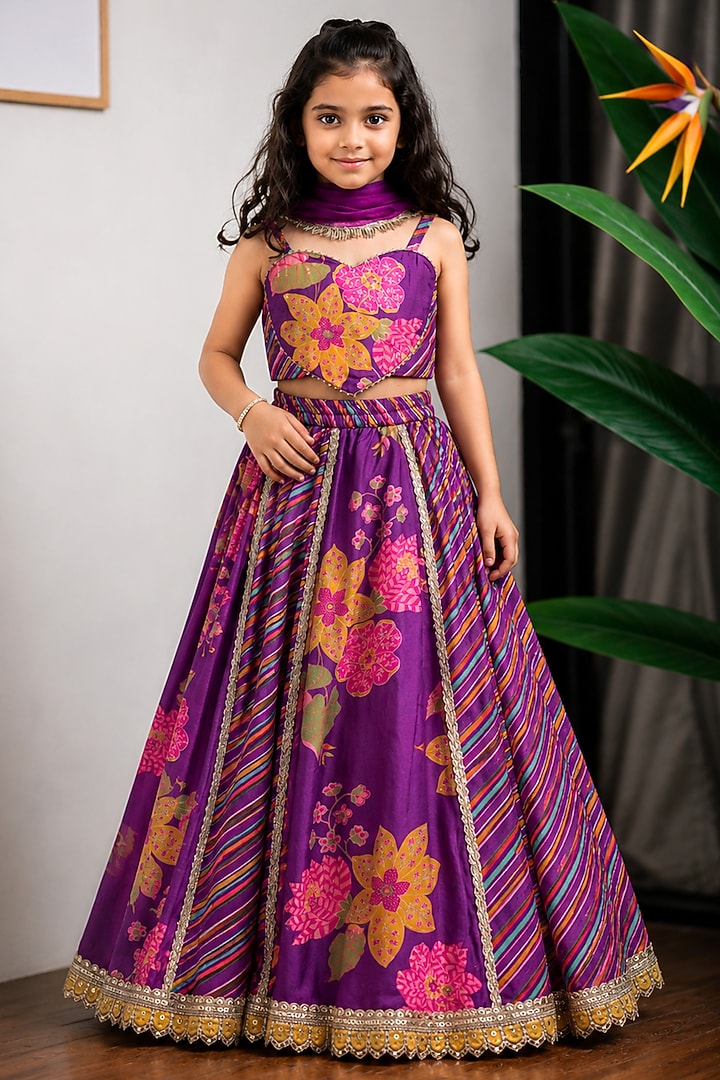 Purple Pure Muslin Silk Lehenga Set For Girls by Li'l Angels at Pernia's Pop Up Shop