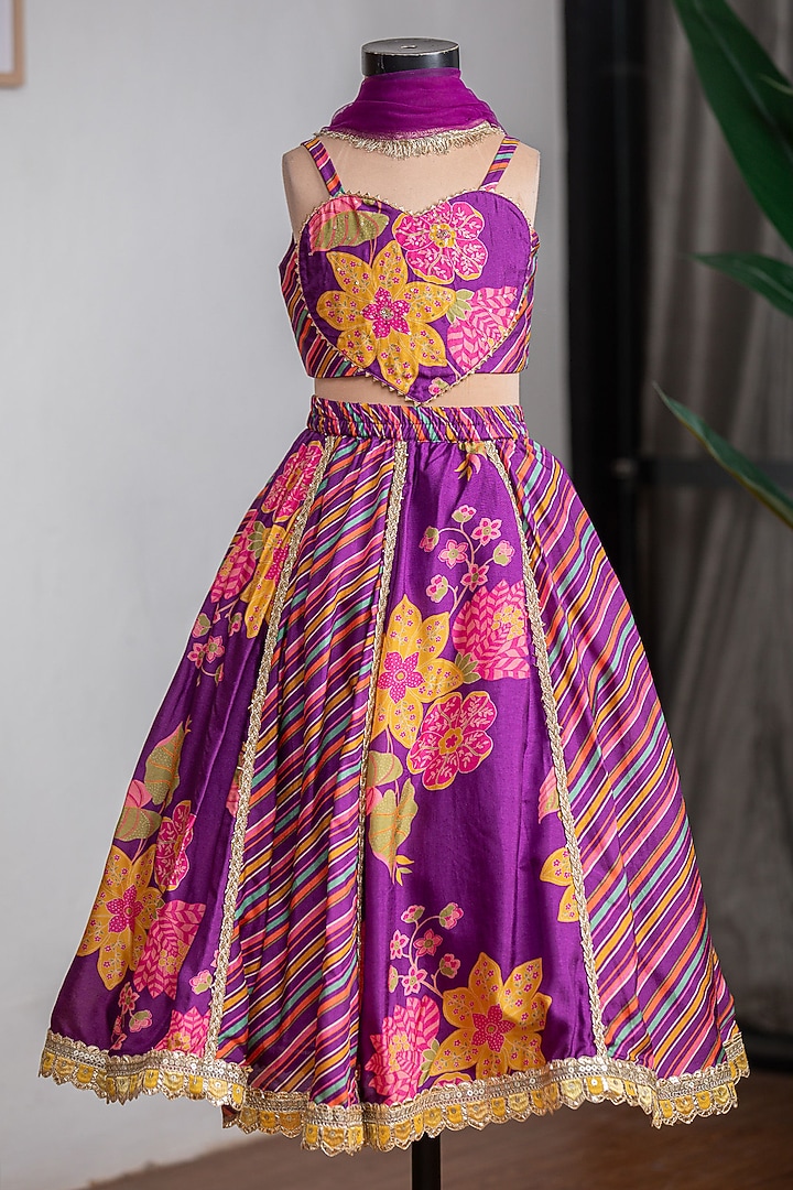 Purple Pure Muslin Silk Lehenga Set For Girls by Li'l Angels at Pernia's Pop Up Shop