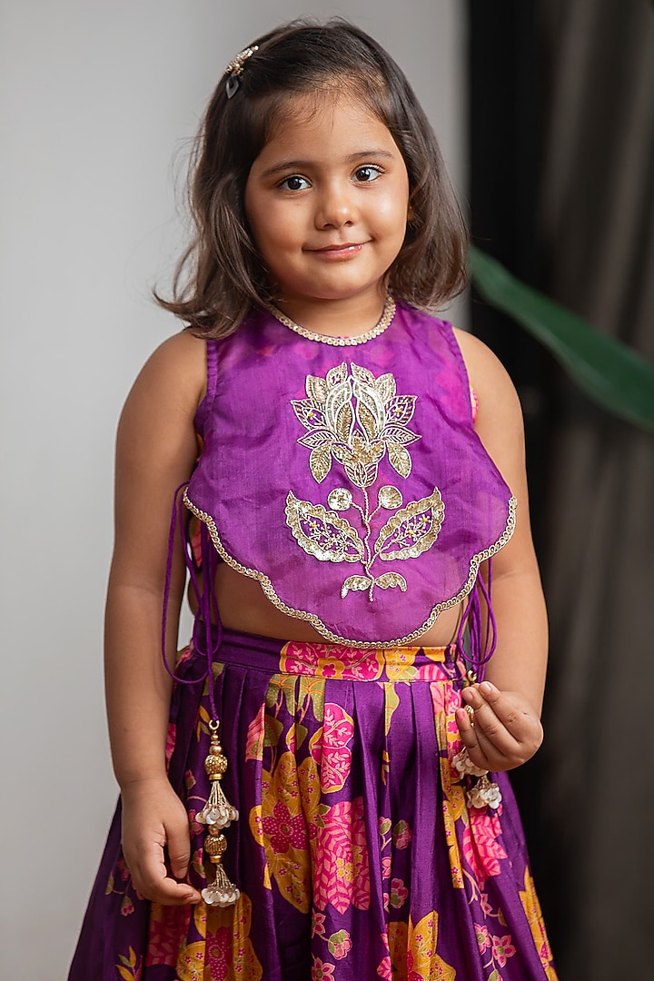 Purple Pure Muslin Silk Lehenga Set For Girls by Li'l Angels at Pernia's Pop Up Shop