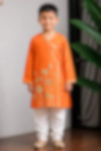 Orange Dola Silk Embroidered Kurta Set For Boys by Li'l Angels at Pernia's Pop Up Shop
