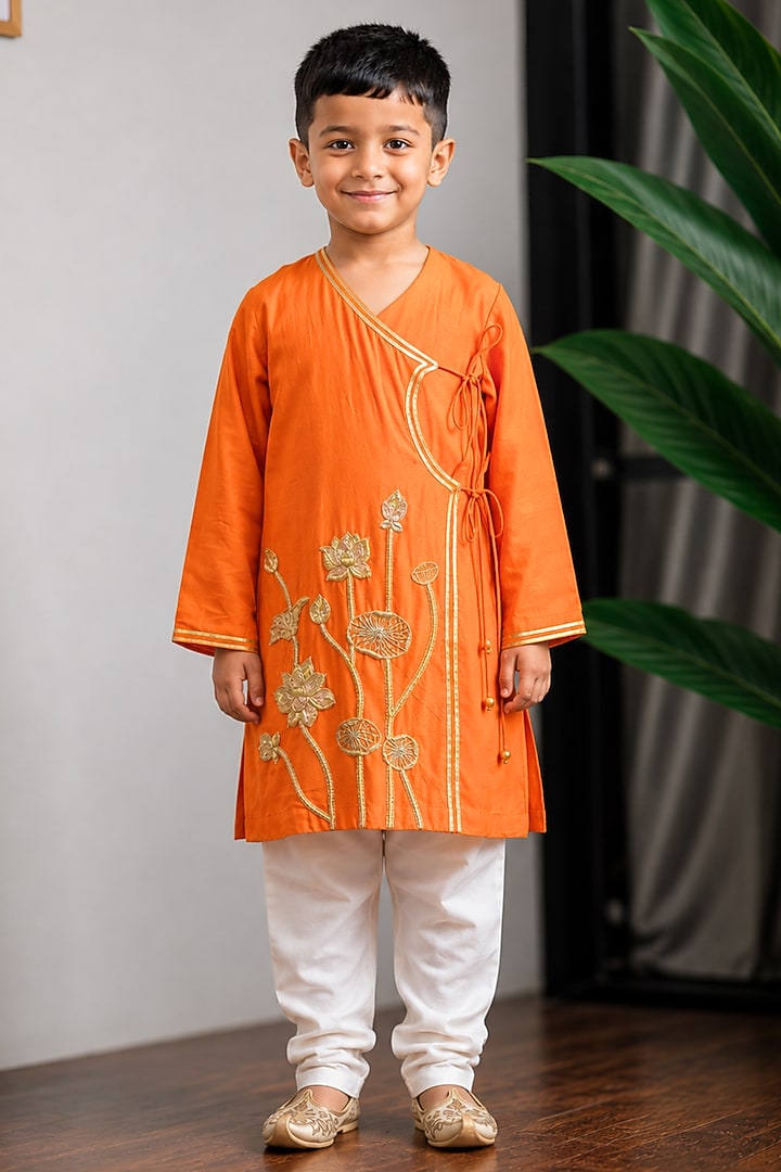Orange Dola Silk Embroidered Kurta Set For Boys by Li'l Angels at Pernia's Pop Up Shop