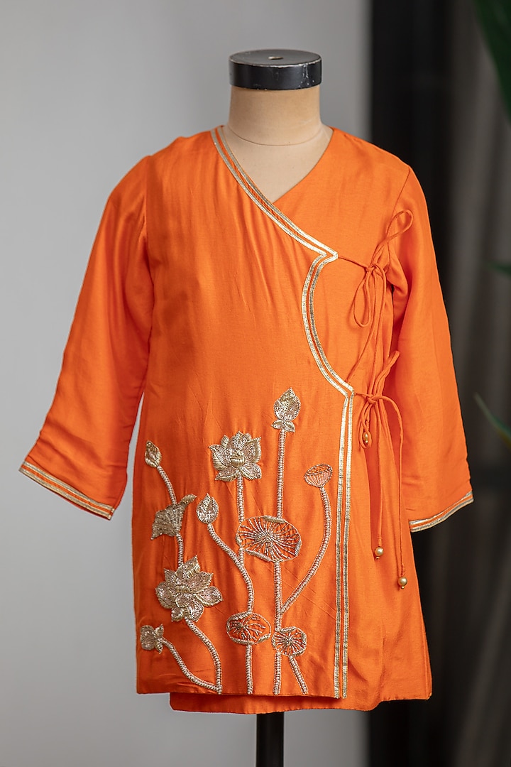 Orange Dola Silk Embroidered Kurta Set For Boys by Li'l Angels at Pernia's Pop Up Shop