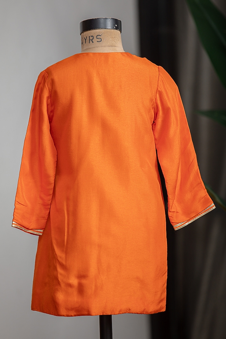 Orange Dola Silk Embroidered Kurta Set For Boys by Li'l Angels at Pernia's Pop Up Shop
