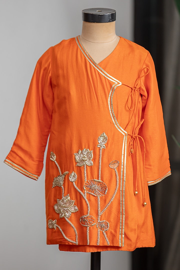 Orange Dola Silk Embroidered Kurta Set For Boys by Li'l Angels at Pernia's Pop Up Shop