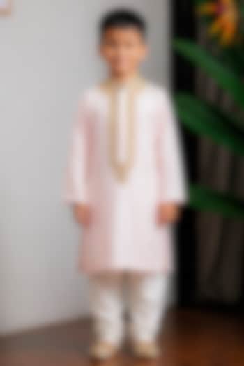 Pink Dola Silk Embroidered Kurta Set For Boys by Li'l Angels at Pernia's Pop Up Shop