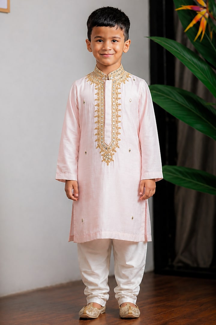 Pink Dola Silk Embroidered Kurta Set For Boys by Li'l Angels at Pernia's Pop Up Shop