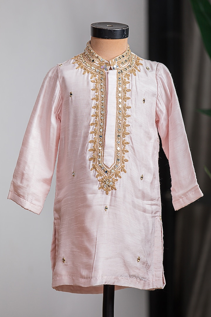 Pink Dola Silk Embroidered Kurta Set For Boys by Li'l Angels at Pernia's Pop Up Shop