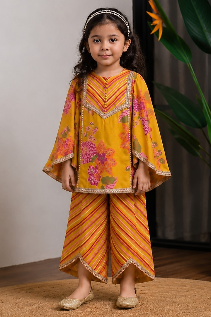 Mustard Dola Silk Printed Kurta Set For Girls by Li'l Angels at Pernia's Pop Up Shop