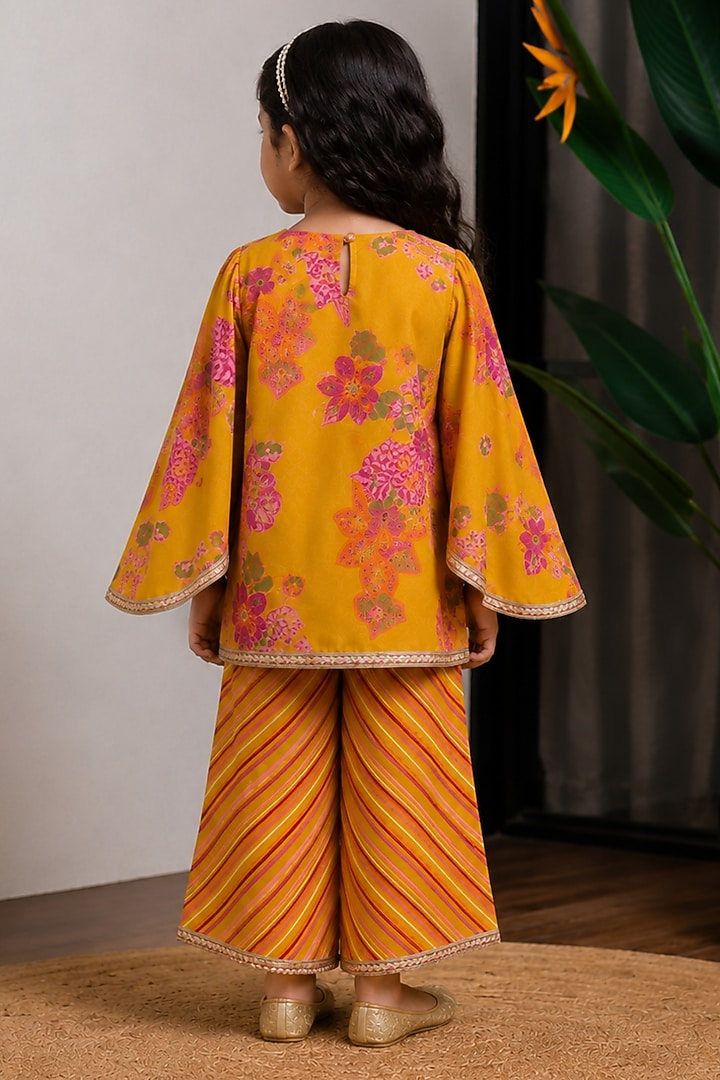 Mustard Dola Silk Printed Kurta Set For Girls by Li'l Angels at Pernia's Pop Up Shop