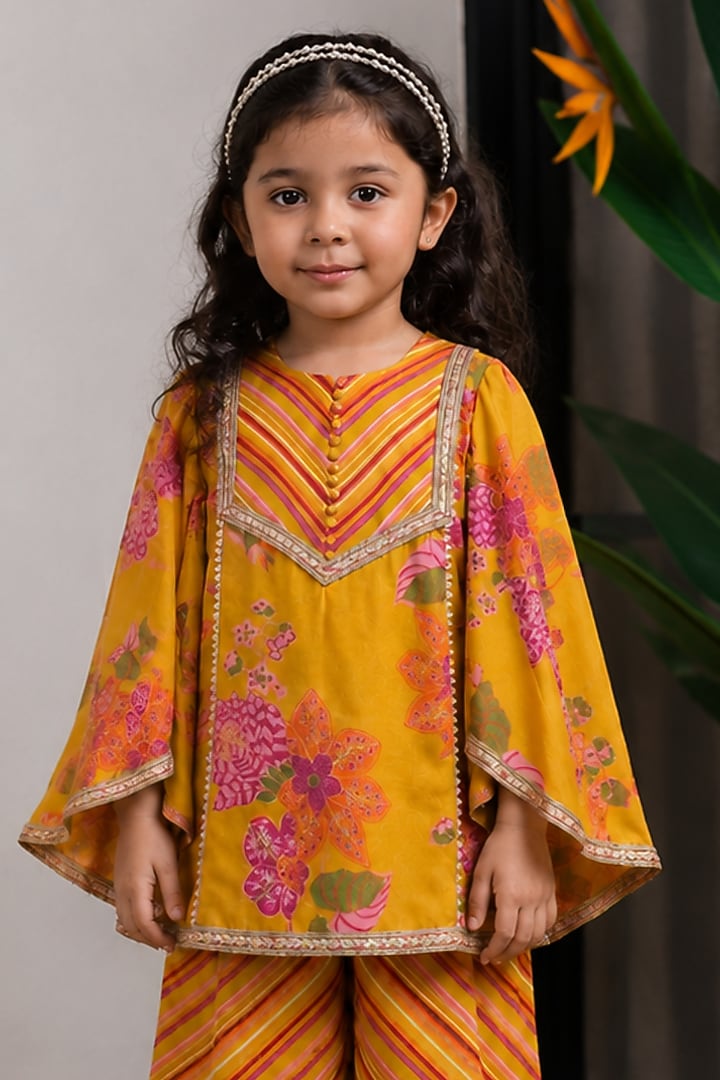 Mustard Dola Silk Printed Kurta Set For Girls by Li'l Angels at Pernia's Pop Up Shop
