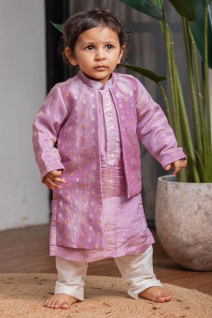 Purple Banarasi Zari Embroidered Bundi Jacket Set For Boys by Li'l Angels at Pernia's Pop Up Shop