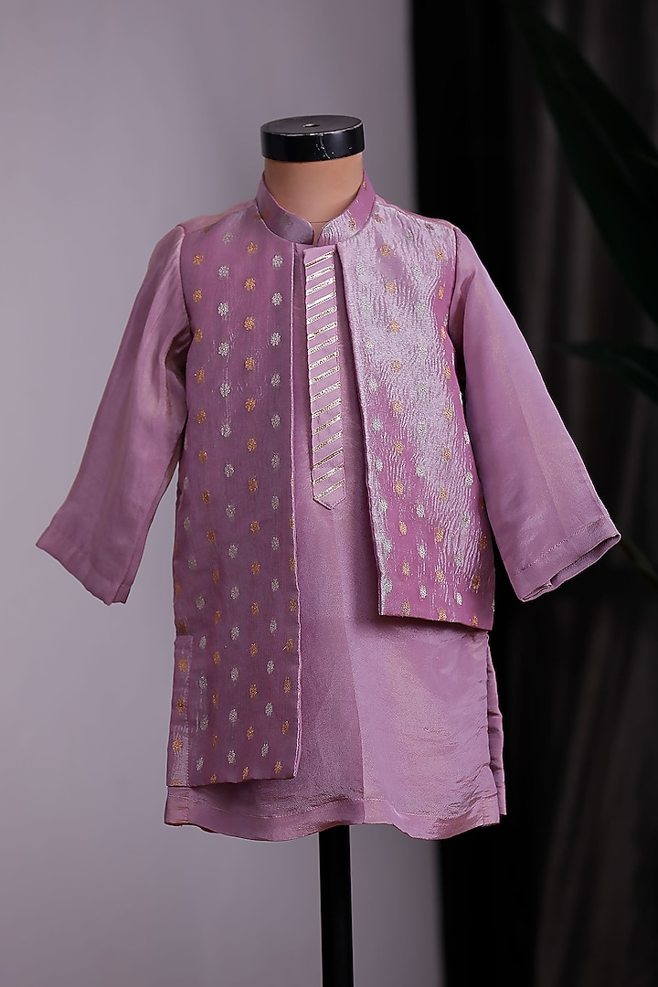 Purple Banarasi Zari Embroidered Bundi Jacket Set For Boys by Li'l Angels at Pernia's Pop Up Shop