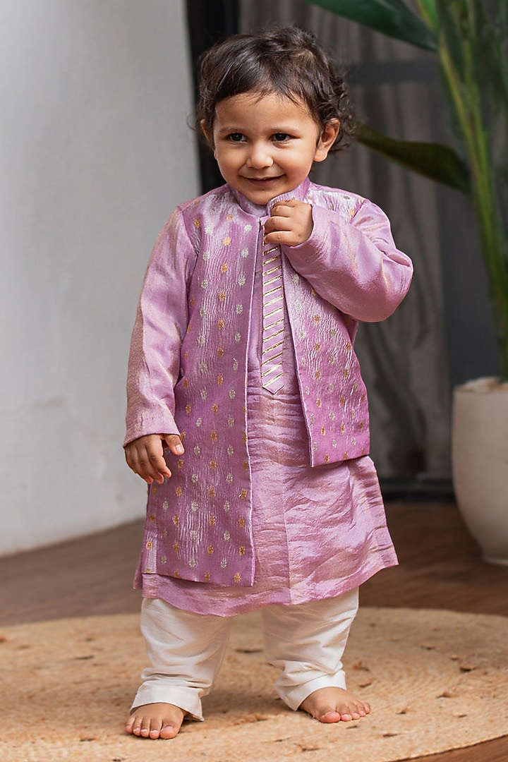 Purple Banarasi Zari Embroidered Bundi Jacket Set For Boys by Li'l Angels at Pernia's Pop Up Shop
